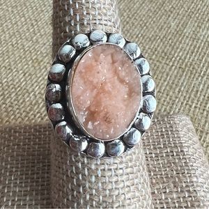 Peach Druzy Silver Overlay Ring Size 8.5